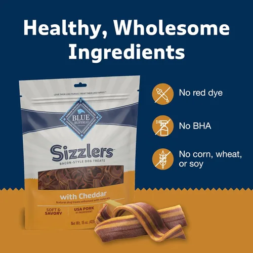 Miniatura 7 de Blue Buffalo Sizzlers Golosinas para perros estilo tocino con cerdo real de Estados Unidos, sabor cheddar, bolsa de 15 onzas