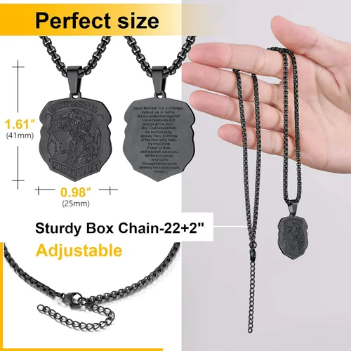 Miniatura 4 de ChainsPro Collar de San Miguel para hombre con oración completa, medallón de arcángel de protección, cadena de 55+2.0 in ajustable, acero inoxidable