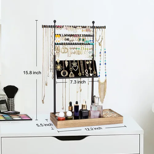 Miniatura 6 de SOLIMINTR Organizador de joyas, soporte de joyería con soporte de exhibición de collares, organizador de aretes de 3 niveles, bandeja base de madera
