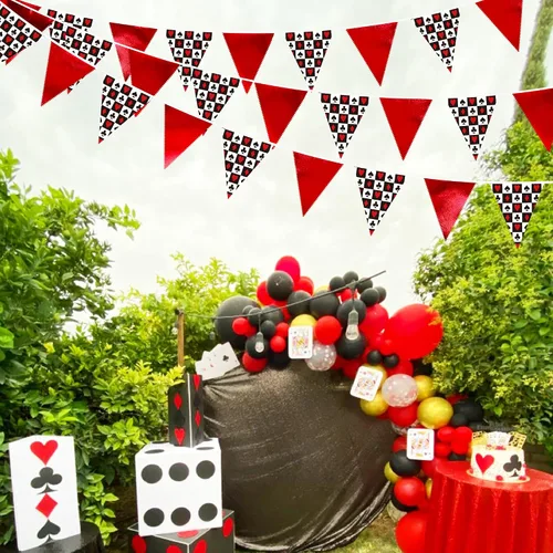 Miniatura 4 de Decoraciones de fiesta de casino de 32 pies, pancarta roja y negra, bandera triangular, banderines de tela para noche de juegos, temática de Las