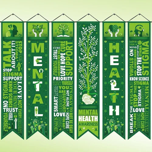 Miniatura 8 de Blulu 2 piezas de decoraciones de concientización sobre la salud mental, pancarta de concientización de cinta verde para porche, terapeuta, salud