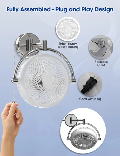 Miniatura 6 de Ventiladores de pared con cadena de tracción, ventiladores de pared de 10 pulgadas, ventilador oscilante silencioso para montaje en pared, brazo