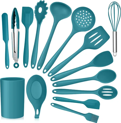 E-far - Juego de utensilios de cocina de silicona azul turquesa, 15 piezas con soporte, utensilios de cocina antiadherentes y resistentes al calor,