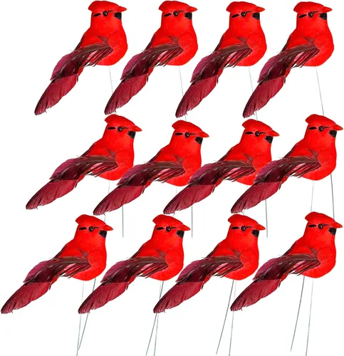 Miniatura 7 de Decoraciones de adorno para árbol de Navidad con clip cardenal – Juego de 12 plumas rojas cada una mide 2.8 pulgadas de largo (A)