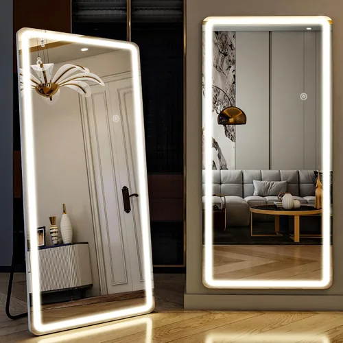 Espejo LED de longitud completa, 30 x 71 pulgadas, espejo de cuerpo completo de vidrio templado con atenuación e iluminación de 3 colores de pie,
