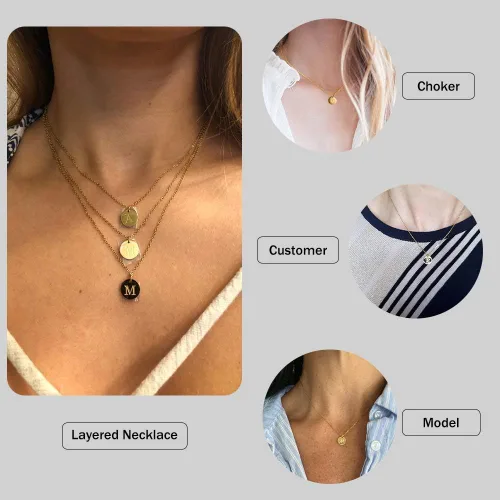 Miniatura 4 de Collar con inicial, chapado en oro de 14 quilates, disco redondo de doble cara, grabado con nombre con cadena ajustable y aretes