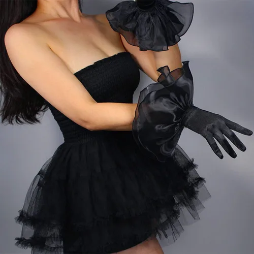 Miniatura 4 de DooWay Guantes sexis de seda satinada para mujer con pantalla táctil para muñeca pantalones cortos elásticos de tul de organza con volantes manga