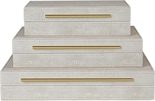 Miniatura 4 de Juego elegante de 3 cajas decorativas de marfil con forro de terciopelo y asas doradas de Shagreen - Organizador versátil para joyas y decoración