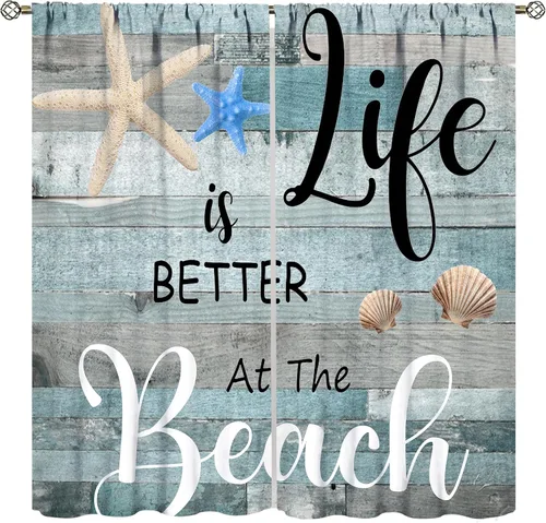 Cortina de playa, diseño rústico vintage de madera con cita oceánica, diseño náutico costero, para dormitorio, sala de estar, cocina, ventana, juego