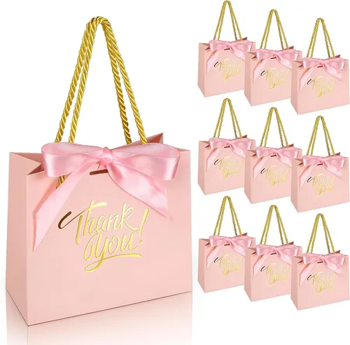 EQOREIIN 30 bolsas de regalo de agradecimiento pequeñas con asas 5.5 x 2.4 x 4.7 pulgadas Mini bolsas de regalo rosas con lazo de cinta Bolsas de