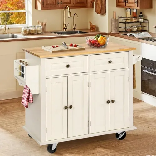 Miniatura 9 de VOWNER Isla de cocina de 43 pulgadas de ancho con hoja caída, isla de cocina rodante con cajones, isla portátil con almacenamiento, carrito de Blanco