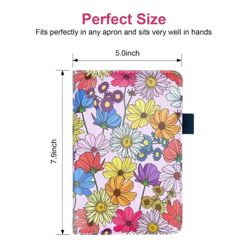 Miniatura 6 de Libreta de servidor con 2 bolsillos con cremallera, cubierta floral de cuero, organizador de libros para camarera, bonita cartera de dinero