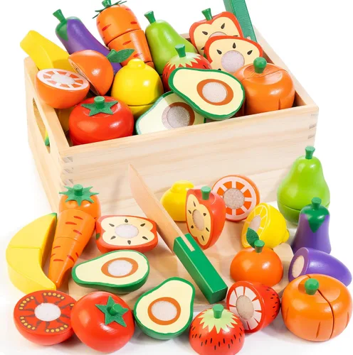 Miniatura 8 de Juego de alimentos de madera para la cocina de los niños Juego de alimentos de juguete para cortar verduras y frutas con estuche de almacenamiento
