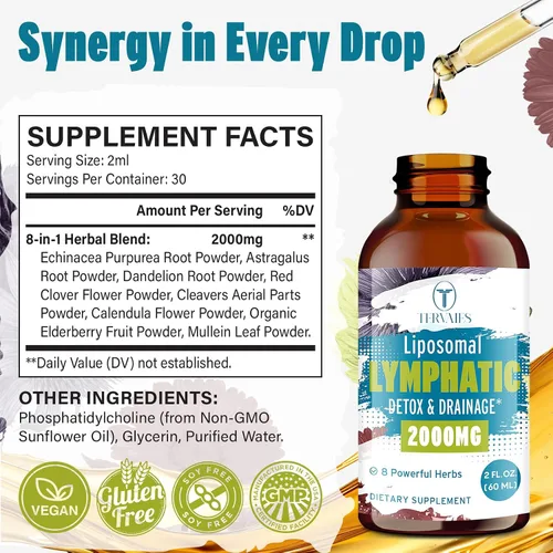Miniatura 3 de Gotas de desintoxicación linfática liposomal y drenaje - Mezcla de hierbas de 2000 mg con saúco y equinácea - Apoya el drenaje linfático, el sistema