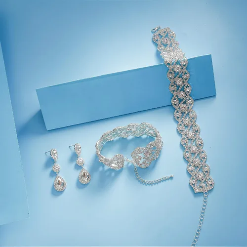 Miniatura 4 de Paxuan Gargantilla de boda con diamantes de imitación para mujer, collar y aretes, pulsera, cristal