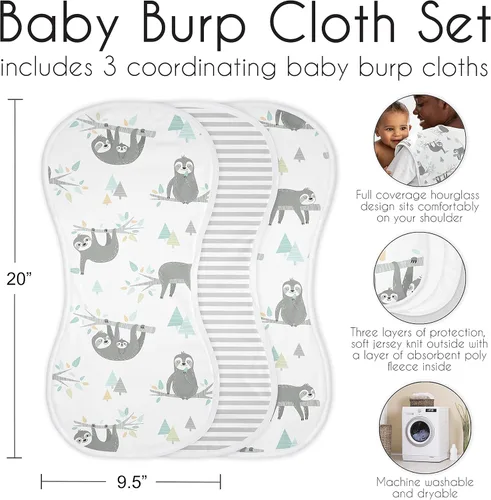 Miniatura 6 de Sweet Jojo Designs Blue Jungle Sloth - Juego de 3 paños absorbentes para eructos para bebé, recién nacido, turquesa, gris y verde, tropical, género