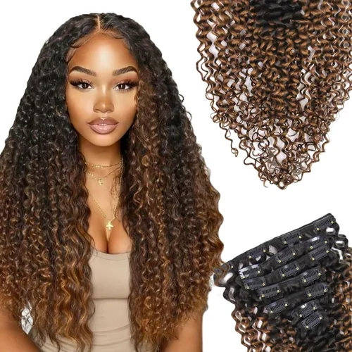 Miniatura 12 de SIYUSI Extensiones de Clip Kinky Straight, 100% Cabello Humano Remy Brasileño con Clips, Clips Invisibles Aptos para el Cuero Cabelludo, Marrón