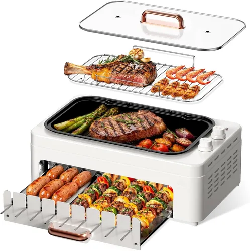 XHJ Parrilla Eléctrica 4-en-1 para Interior Sin Humo para el Hogar, Parrilla Eléctrica de Encimera con Bandeja de Asado Desmontable y Parrilla +