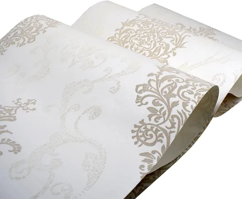 Miniatura 4 de Q QIHANG Color crema no tejido del rollo del papel pintado del polvo de la perla del damasco del estilo europeo 3D los 1.7 ft x 32.8 ft=5.3㎡ Blanco