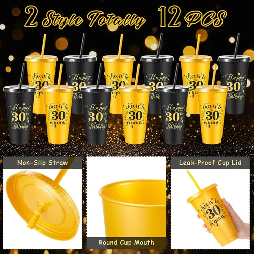 Miniatura 3 de Uiifan 12 vasos de plástico de plástico con tapa y popote de 24 onzas para cumpleaños, cumpleaños, bodas, aniversarios, decoración (30º)