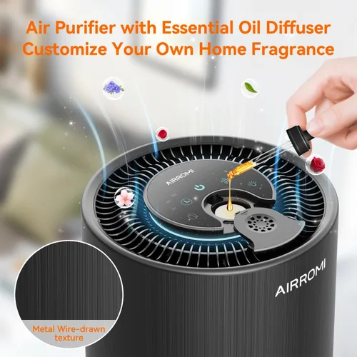 Miniatura 5 de Purificador de aire AIRROMI para dormitorio con filtro HEPA 3-en-1, purificador de aire para mascotas para el olor a orina de gato en el hogar, Negro