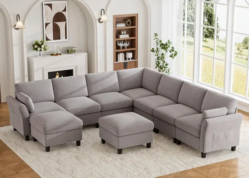 Miniatura 12 de Legend Vansen Sofá modular seccional, cómodo sofá modular en forma de U de 6 asientos con espacio de almacenamiento y diván, sofás seccionales Crema