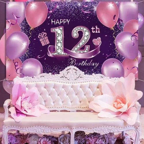 Miniatura 5 de Decoraciones de fiesta de cumpleaños, pancarta grande de tela de feliz 12 aniversario, fondo de cabina de fotos rosa y morado con cuerda para fiesta