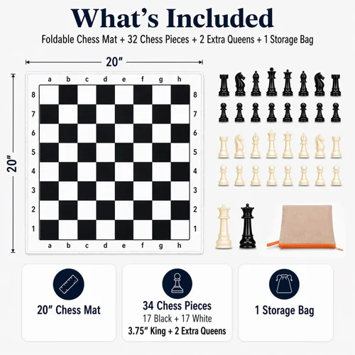 Miniatura 2 de Juego de ajedrez de 20 pulgadas para niños y adultos, alfombrilla de ajedrez plegable con 3.75 pulgadas King, 32 piezas + 2 reinas adicionales