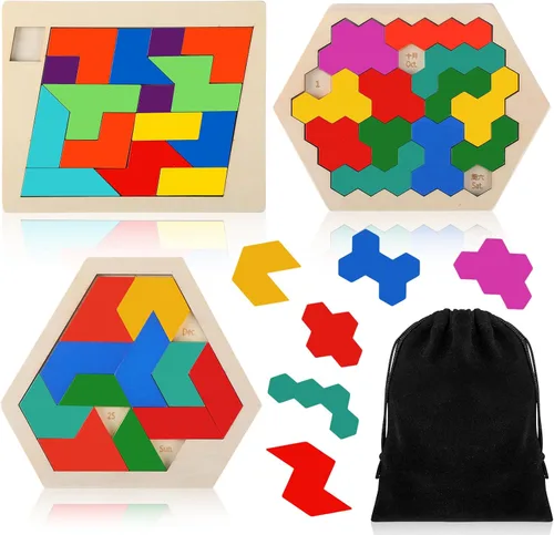 Miniatura 12 de Yunsailing Paquete de 3 rompecabezas grandes de madera hexagonal Tangram rompecabezas de madera rusa para adultos desafío teasers geométrico, lógica