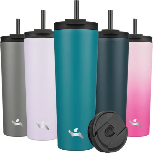 Miniatura 37 de Konokyo Vaso aislado de 18 onzas con tapa y 2 pajillas, botella de agua de acero inoxidable, taza de viaje al vacío, taza de café, color blanco ángel