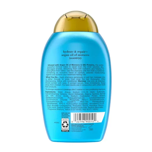 Miniatura 9 de OGX Champú de fuerza extra hidratante y reparación + aceite de argán de Marruecos para cabello seco y dañado, aceite de argán prensado en frío