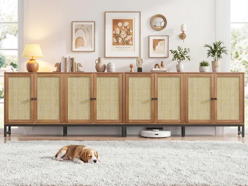 Miniatura 10 de ZLWJGY Credenza - Armario tipo bufé de ratán, aparador de almacenamiento con 4 puertas, mesa consola grande de mediados de siglo moderna de 59