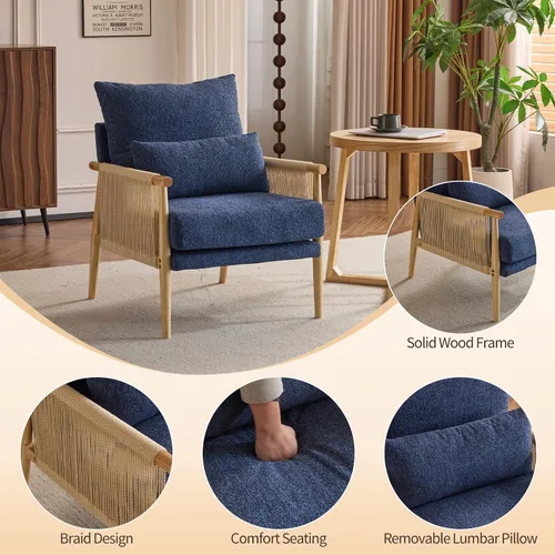Miniatura 4 de Karl home Acogedora silla decorativa de felpilla con almohada lumbar y brazos de ratán, silla moderna para sala de estar, dormitorio, rincón de Azul
