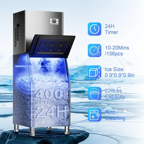 Miniatura 4 de Máquina comercial para hacer hielo de 450 libras/24 horas, 250 libras de almacenamiento grande dividida para negocios, 156 cubos en 7-15 minutos