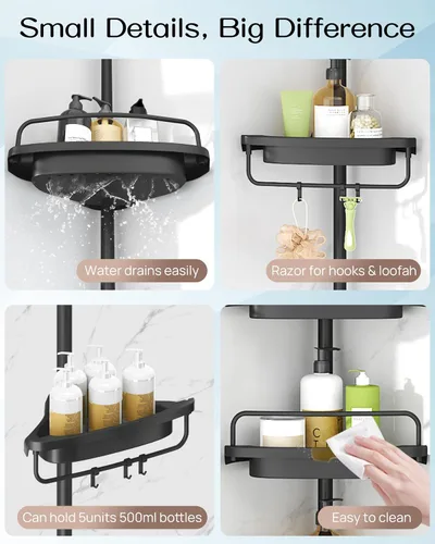 Miniatura 6 de ALLZONE Estantería esquinera para ducha con poste de tensión, poste extensible de acero inoxidable resistente a la oxidación y estantes ajustables
