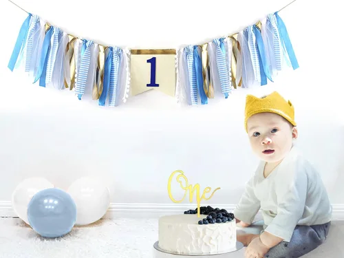 Miniatura 2 de innerspark - Decoraciones para fiesta de primer cumpleaños para bebé niño, juego azul y dorado, pancarta para silla alta con cinta, sombrero