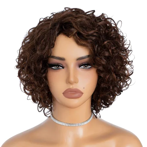 Miniatura 12 de Rebecca Fashion Pelucas de cabello humano rizado corto para mujeres negras, parte lateral, linda peluca rizada estilo Bob, brasileña Remy, sin