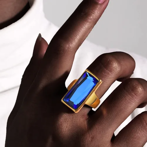 Miniatura 3 de VNOX Anillo de ónix rectangular de acero inoxidable chapado en oro de cristal negro vintage para mujer