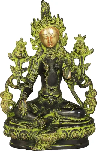Exotic India Tara verde, quien te salva (deidad budista tibetana) - Estatua de latón - Color increíble color negro verde dorado