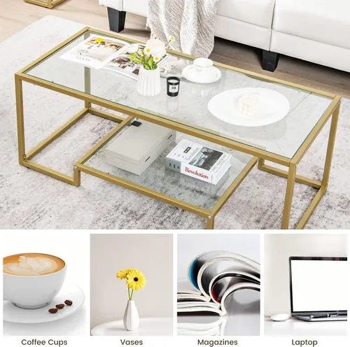 Miniatura 8 de Tangkula Mesa auxiliar rectangular de vidrio, mesa central de vidrio templado moderna de 45 pulgadas de ancho con marco de acero dorado, mesa
