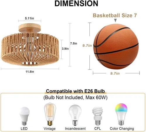 Miniatura 6 de Lámpara de Techo de Ratán Boho - Mini Candelabro de Montaje Empotrado Accesorio de Luz Tejido para Dormitorio, Pasillo, Entrada, Baño, Guardería