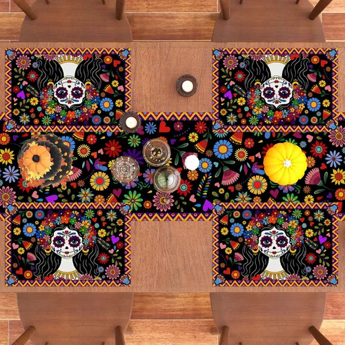 Miniatura 6 de Juego de 4 manteles individuales del Día de los Muertos Dia De Los Muertos, Altar Mexicano de Muertos, decoración y suministros para mesa del hogar
