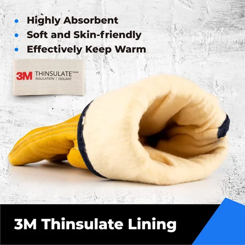 Miniatura 2 de toolant Guantes de trabajo de cuero de invierno, forro Thinsulate cálido 3M para trabajo en clima frío, guantes con aislamiento térmico Amarillo