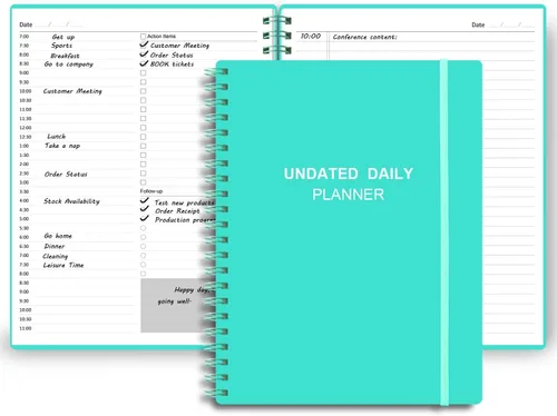 Agenda diaria sin fecha: agenda sin fecha con horarios, artículos de acción y seguimiento, cuaderno organizador diario A4 para aumentar la Turquesa
