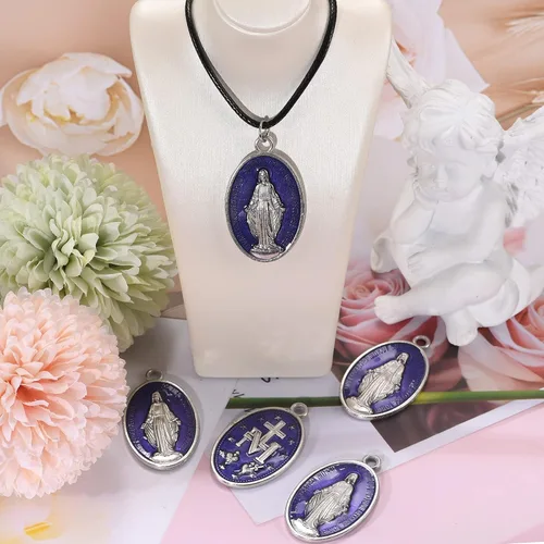 Miniatura 8 de 10 medallas católicas grandes de la Virgen María – Colgante ovalado de esmalte azul de aleación para hacer collares, joyas, ideal para hombres