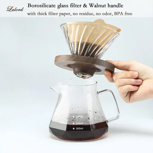 Miniatura 5 de Lalord Cafetera de Vertido, Jarra de Vidrio Borosilicato de 20 oz con 100 pcs Filtros de Papel V60 por Gsform, Mango de Nogal y Tapa de Vidrio