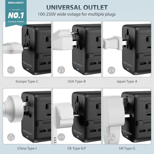 Miniatura 8 de Adaptador de viaje universal, enchufe de alimentación internacional con 2 puertos USB-C y 2 puertos USB-A, cargador de pared mundial para Europa