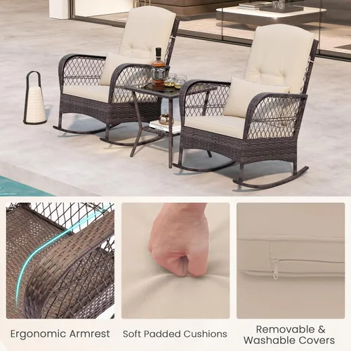 Miniatura 6 de ORALNER Juego de 3 mecedoras de mimbre para muebles de patio, sillas mecedoras para exteriores con cojines, almohadas, mesa de centro de cristal