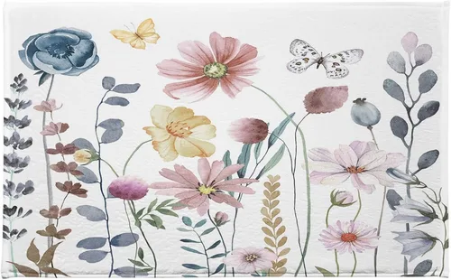 Miniatura 10 de HVEST Alfombra de baño con estampado de margaritas y margaritas, alfombra de baño rústica azul con estampado floral y mariposa para decoración