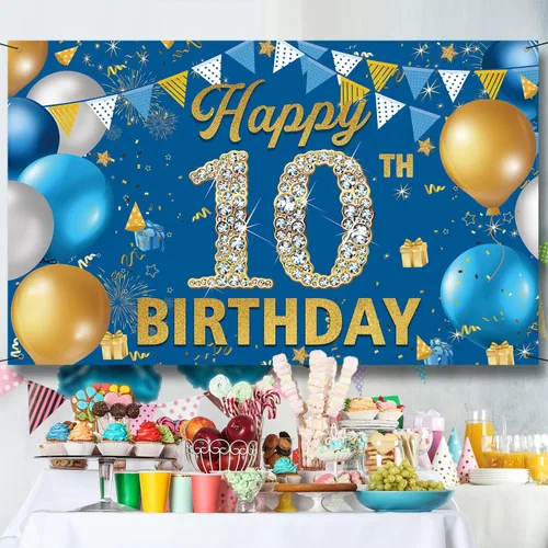 Miniatura 4 de Cartel de fondo de decoración de cumpleaños número 10, decoración de feliz cumpleaños 10 para niños, fondo de fotografía de cumpleaños azul, cartel